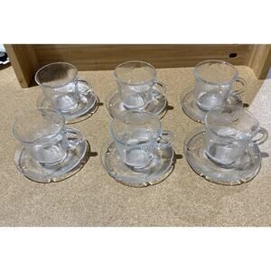 VTG Fortecrisa Ribbed Glass Cups & Saucers Set of 6 Made in Mexico